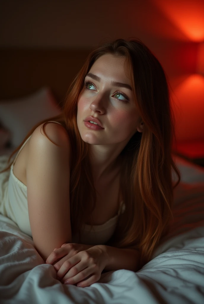 auburn hair girl with long straight brown hair, eyes with , without a cap lying on her back on a bed looking at the ceiling similar to Ariana Grenblaat. Red lighting in the room,skin texture,full body,from distance photoshoot,large breasts.