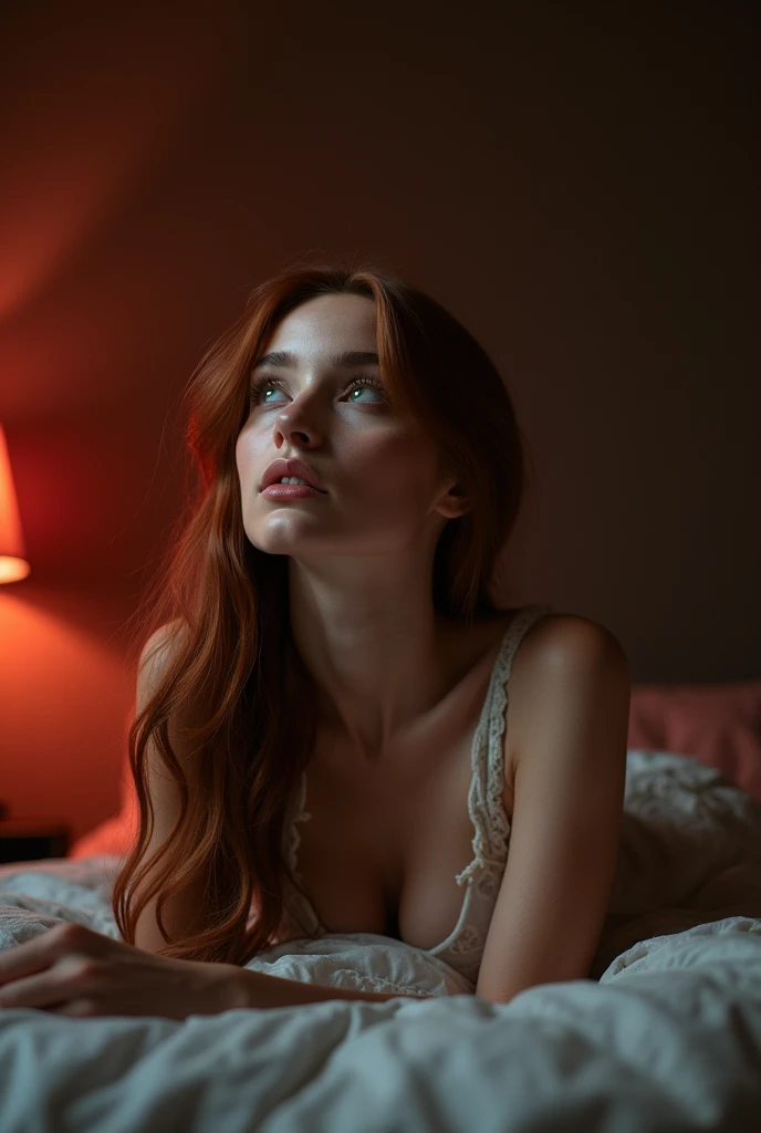 auburn hair girl with long straight brown hair, eyes with , without a cap lying on her back on a bed looking at the ceiling similar to Ariana Grenblaat. Red lighting in the room,skin texture,full body,from distance photoshoot,large breasts.