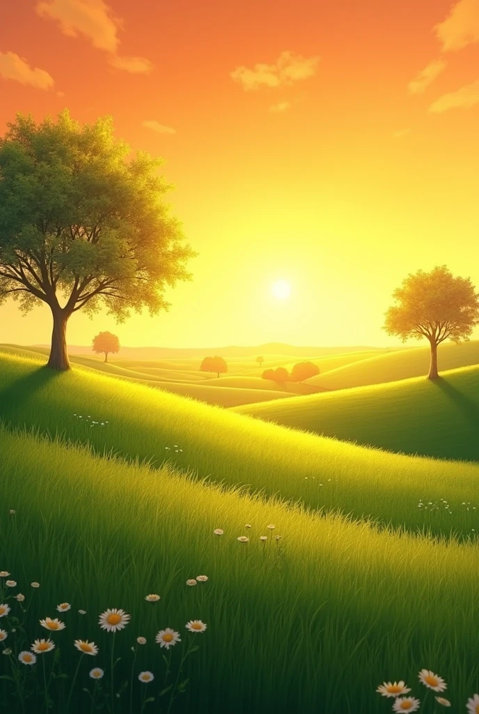 A meadow in an orange sunlight with small hills soft with 3 trees in the background far away more flat and further into the distance kilometer wide view without sun in the background only warm light