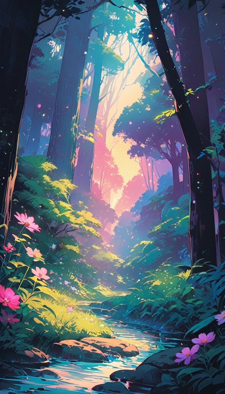 (extremely detailed CG unity 8k wallpaper), (best quality), (best illustration), (best shadow), realistic lighting, beautiful detailed reglow, masterpiece, best quality, lofi artstyle, lofi art, 80s anime style, Retro, Lofi, Viral anime nature wallpaper in 4K quality, in the style of digital illustration inspired by Hayao Miyazaki, featuring a serene forest with towering ancient trees, dappled sunlight filtering through the leaves, a gentle stream flowing through the scene, and mystical creatures peeking from behind the foliage; vibrant and warm color temperature, cosmos lighting with stars twinkling in the sky, no human characters, the atmosphere is tranquil and enchanting --v 5 --stylize 1000