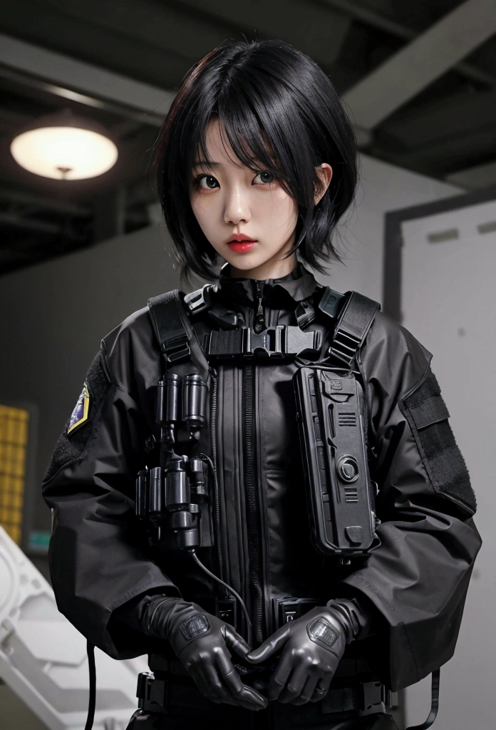 realistic beautiful japanese woman, black short haired, wearing tactical suits