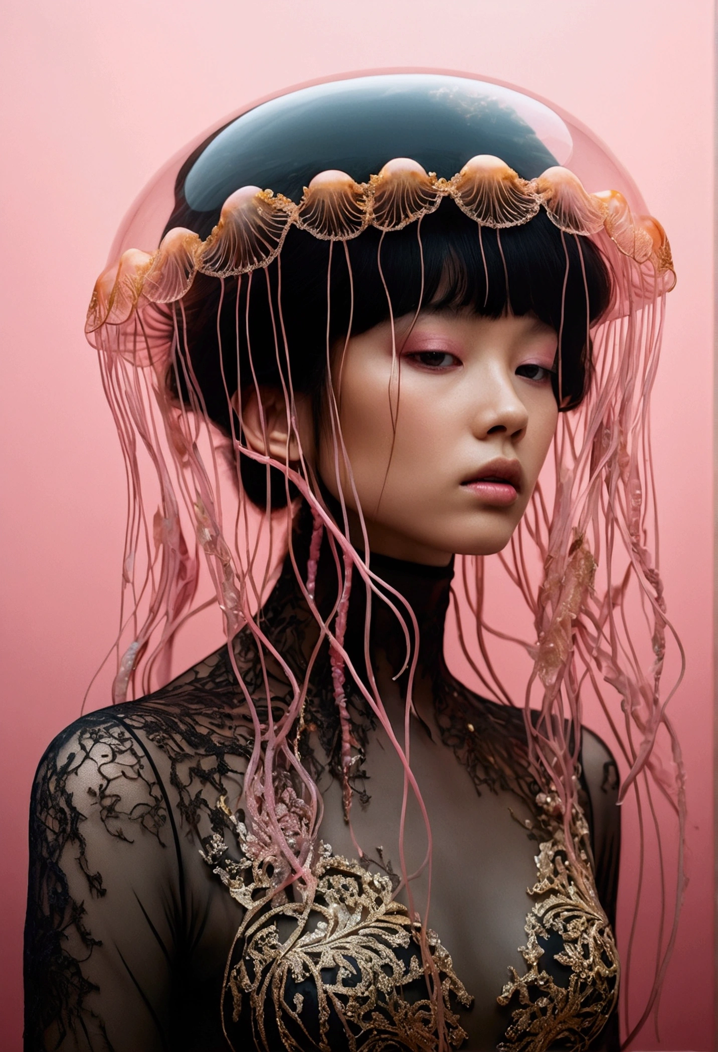 photo RAW, (Black and pink : Portrait of a ghostly jellyfish, shiny aura, highly detailed, gold filigree, intricate motifs, organic tracery, by Android jones, Januz Miralles, Hikari Shimoda, glowing stardust by W. Zelmer, perfect composition, smooth, sharp focus, sparkling particles, lively coral reef background Realistic, realism, hd, 35mm photograph, 8k), masterpiece, award winning photography, natural light, perfect composition, high detail, hyper realistic