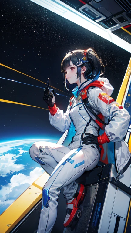 (((masterpiece))), (((Highest quality))), ((Very detailed)), (Highly detailed CG illustrations), ((Very delicate and beautiful)),(From the side),Cinematic Light,A girl climbs into the cockpit、Black Hair、long、Boarding a small spaceship，In the cockpit，Starry Sky, Big Clouds,colored glaze,Golden Universe，Space Station、Preparing for takeoff、Spacesuit、Aiming for Andromeda、Toa Heavy Industries decals、Lonely smile，A cable connects the body to a small spacecraft、Close the hatch，Complex Instrumentation