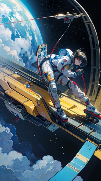 (((masterpiece))), (((Highest quality))), ((Very detailed)), (Highly detailed CG illustrations), ((Very delicate and beautiful)),(From the side),Cinematic Light,A girl climbs into the cockpit、Black Hair、long、Boarding a small spaceship，In the cockpit，Starry Sky, Big Clouds,colored glaze,Golden Universe，Space Station、Preparing for takeoff、Spacesuit、Aiming for Andromeda、Toa Heavy Industries decals、Lonely smile，A cable connects the body to a small spacecraft、Close the hatch，Complex Instrumentation