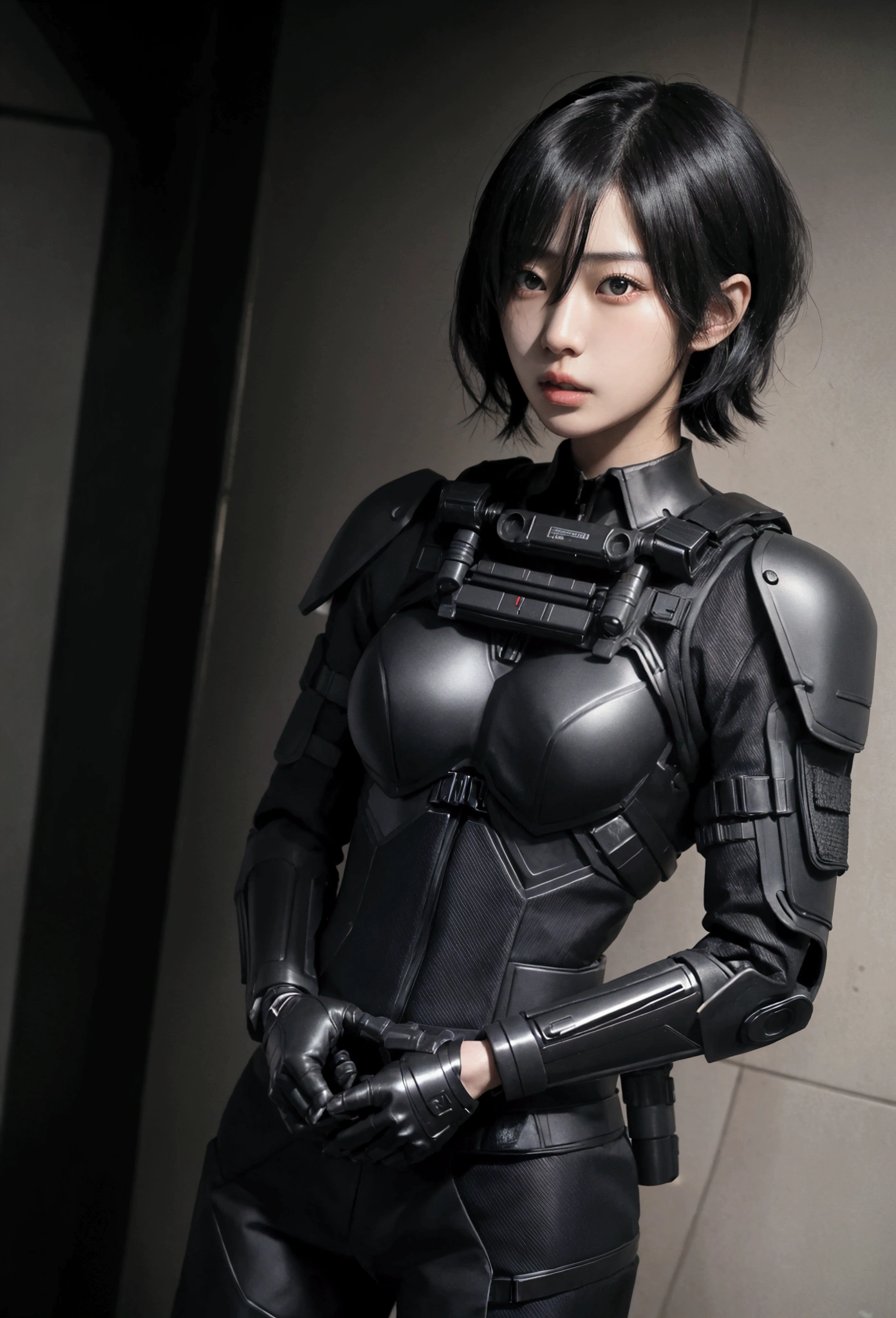 realistic beautiful japanese woman, black short haired, wearing tactical suits
