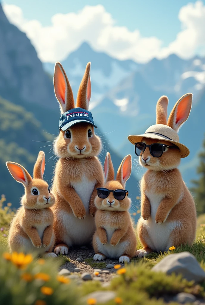 4 rabbits on a mountain in Berchtesgaden. 1 rabbit is wearing a Patagonia cap and is the biggest, the second is a little smaller with a "watch out who you love" cap on its head, the third is wearing sunglasses and is pretty, the fourth is wearing a sun hat and has red hair and is the smallest