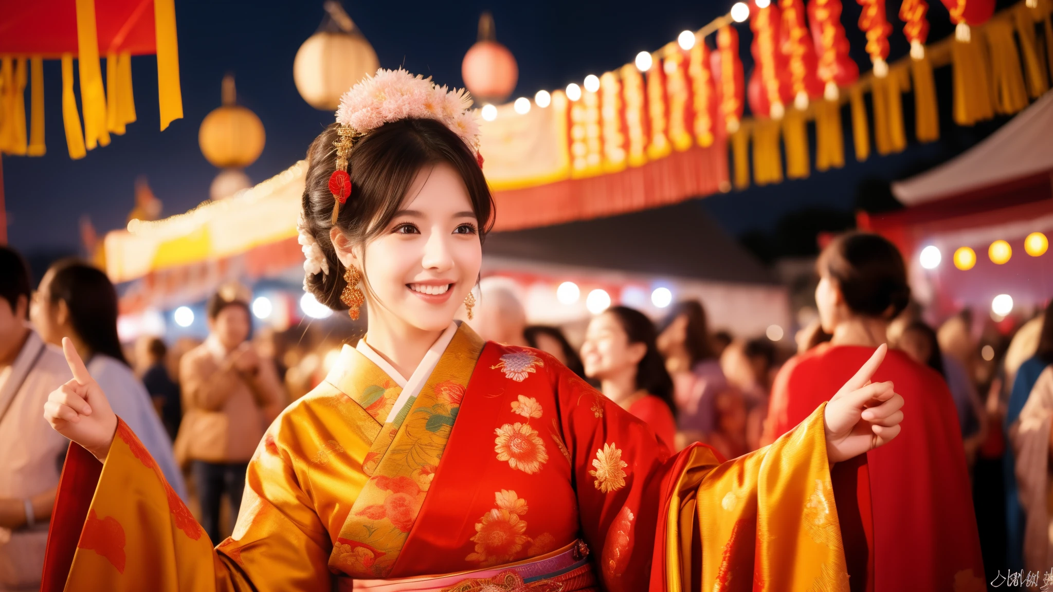 Vibrant red and gold tones、Happy smile、Highest quality、6k、High resolution、The excitement of a traditional festival、Realistic photo style、Healthy body shape、Deep eyes、Flowing black hair、Bright kimonos for the festival、A lively expression、In the night light、Traditional Japanese art style、Vibrant colors、Lively atmosphere、Intricate details、Elegant standing posture、A scene filled with the excitement of a festival