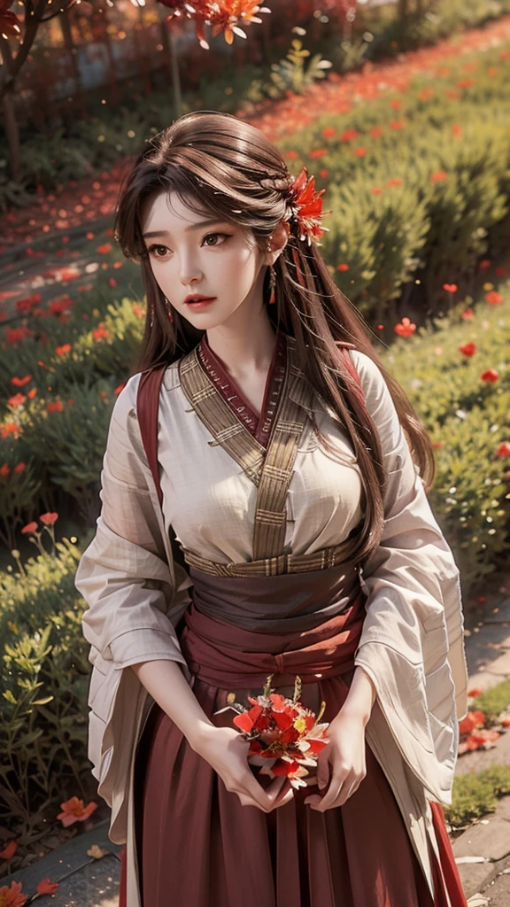 Beautiful detailed brownish eyes,flowing long black hair,Holding a bouquet of wildflowers,Surrounded by lush mulberry trees and blooming red flowers,There are red fallen leaves everywhere,The background is a golden sunset,Vibrant colors and vivid lights,Above the hips,Looking up