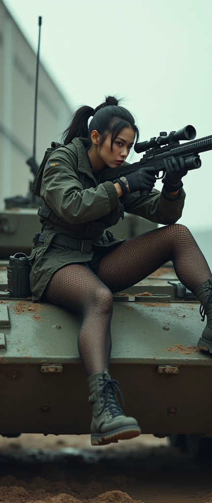 bleak gritty action edgy so much swagger trained marine corp militant asian female solider with her female squads with serious expresion with an attitue vengance she adorn with pony tail hairstyle adorn hip hop rap style in black fishents linger latex sniper rifle on recline on a tank aiming sniper absolute disrespect bad-mannered