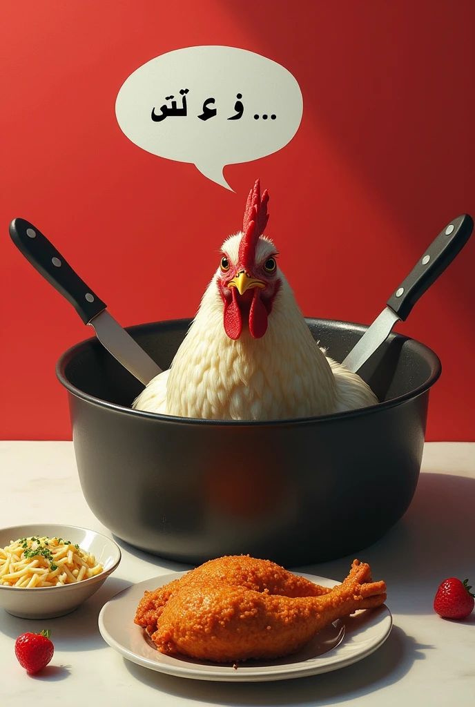 A red and white background, a pot with a fire underneath and a live chicken inside the pot, a crossed two knifes on the top, a fried chicken on aside, the chiken in the pot looking at the fried chicken write "ይሸታል ዶሮ ዶሮ.." as a thought on the top of the chicken head
