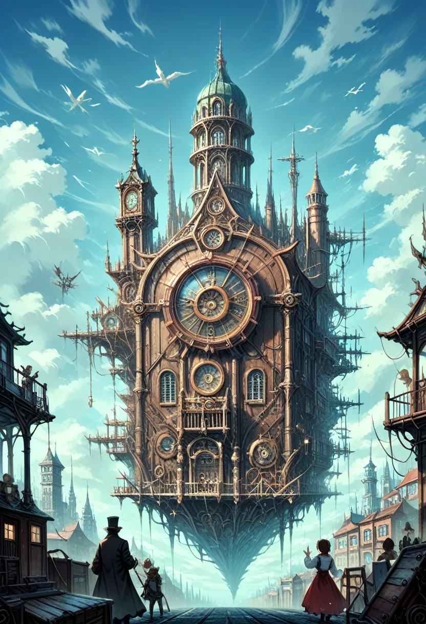 super detail, high details, high quality, 8k, Miyazaki style, a steampunk-style city floating in the sky, clouds and diverse architecture, exuding mystery and technology --v 6