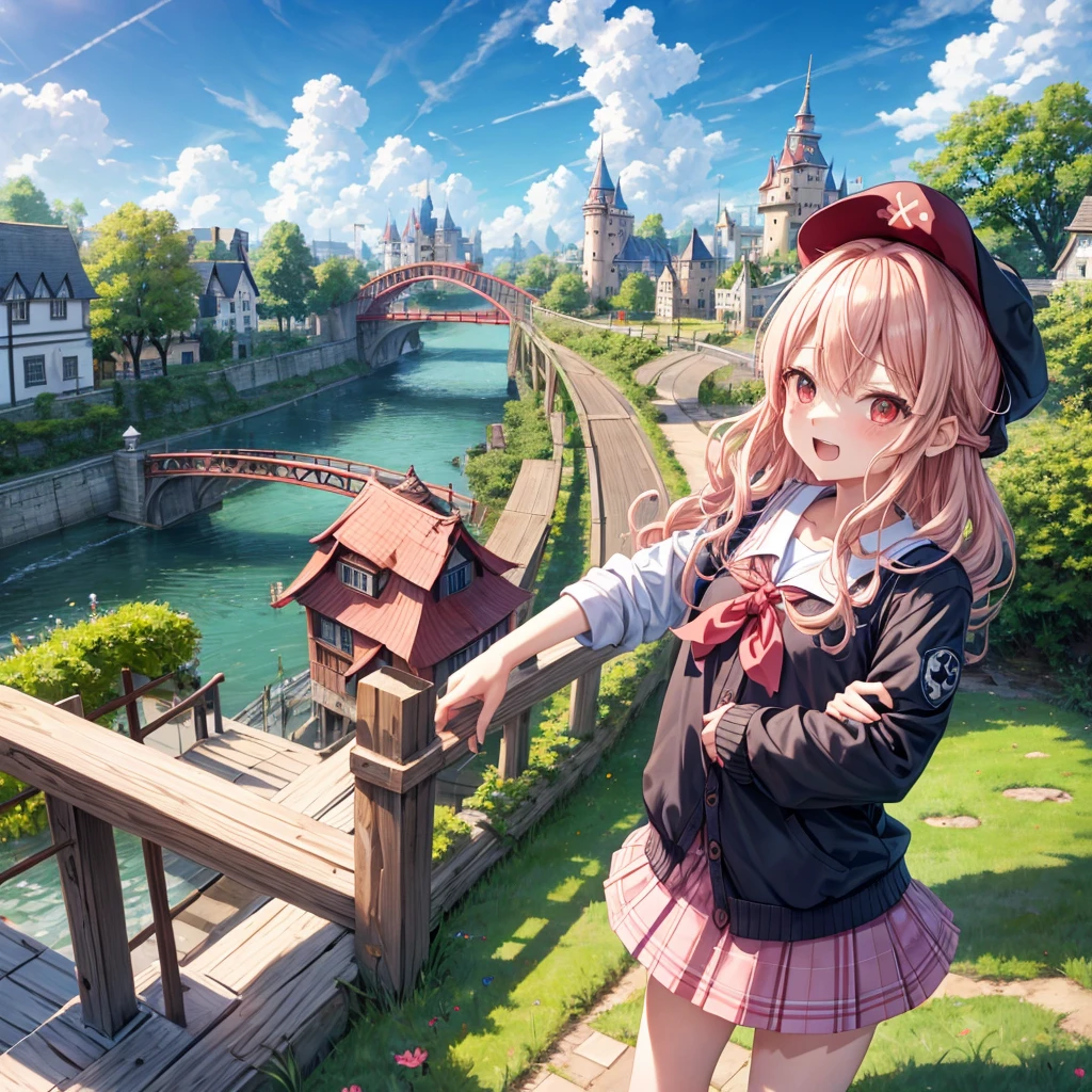 Pink Blonde、Red eyes、Wavy Hair、Hair tied up、Two cute、Checked mini skirt、black t-shirts、cardigan、Knee-high socks、bear ears baseball cap、Teeth are visible、Monster Castle、Tilting face、crossing the bridge、hazakura、windmill、grass、Stones are growing out of the ground.、A teddy bear is walking、Morning glory is blooming.、In front of the city gates、clock、Underground tunnels、Waterway、Small boat