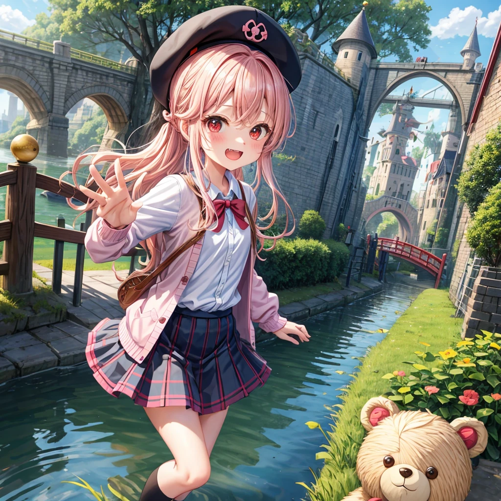 Pink Blonde、Red eyes、Wavy Hair、Hair tied up、Two cute、Checked mini skirt、black t-shirts、cardigan、Knee-high socks、bear ears baseball cap、Teeth are visible、Monster Castle、Tilting face、crossing the bridge、hazakura、windmill、grass、Stones are growing out of the ground.、A teddy bear is walking、Morning glory is blooming.、In front of the city gates、clock、Underground tunnels、Waterway、Small boat