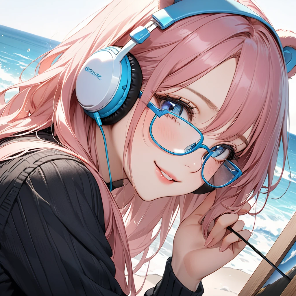 
((highest quality)), ((masterpiece)), (Get used to it), Perfect Face, masterpiece、highest quality、High resolution、High quality picture、8k, 1 woman、Fair skin,black sweater dress, close up white lips upper neckline 、Delicate eye expression、Pink hair mixed with yellow、Long haired girl, wearing bright white bear ear headset,wearing thin glasses, 
 Perfect Line Drawing, Beautiful line art, Beautiful Ocean Blue Eyes, Beautiful face with attention to detail, (Sweet Smile), charm, Innocent, Side view, (Face with perfect details), (Beautiful Hands) Photorealistic Drawing,