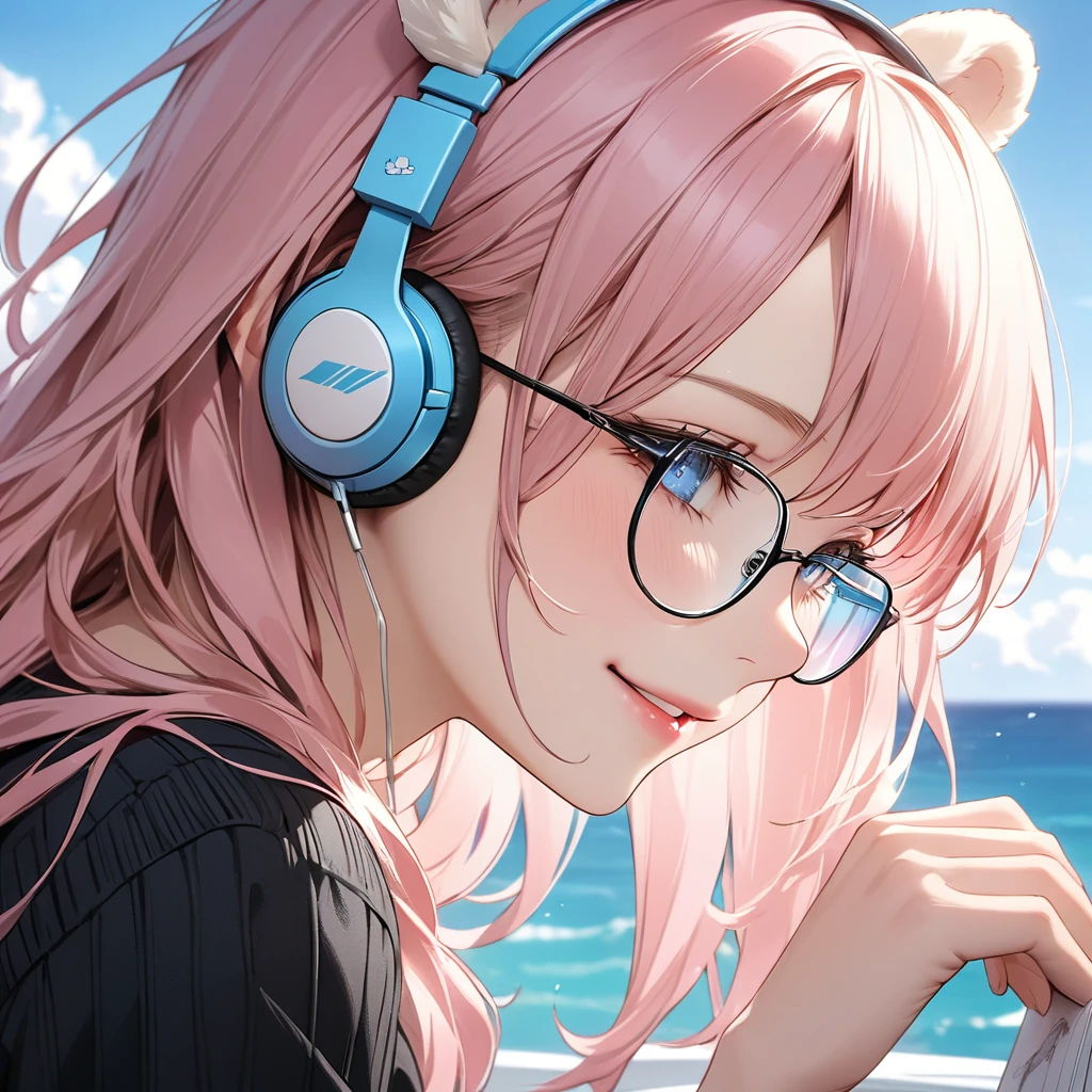 
((highest quality)), ((masterpiece)), (Get used to it), Perfect Face, masterpiece、highest quality、High resolution、High quality picture、8k, 1 woman、Fair skin,black sweater dress, close up white lips upper neckline 、Delicate eye expression、Pink hair mixed with yellow、Long haired girl, wearing bright white bear ear headset,wearing thin glasses, 
 Perfect Line Drawing, Beautiful line art, Beautiful Ocean Blue Eyes, Beautiful face with attention to detail, (Sweet Smile), charm, Innocent, Side view, (Face with perfect details), (Beautiful Hands) Photorealistic Drawing,