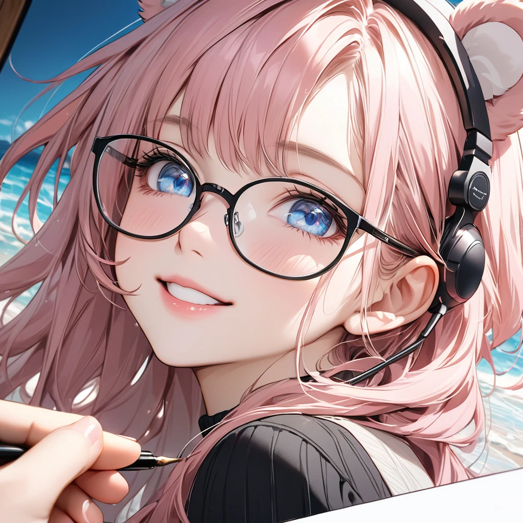 
((highest quality)), ((masterpiece)), (Get used to it), Perfect Face, masterpiece、highest quality、High resolution、High quality picture、8k, 1 woman、Fair skin,black sweater dress, close up white lips upper neckline 、Delicate eye expression、Pink hair mixed with yellow、Long haired girl, wearing bright white bear ear headset,wearing thin glasses, 
 Perfect Line Drawing, Beautiful line art, Beautiful Ocean Blue Eyes, Beautiful face with attention to detail, (Sweet Smile), charm, Innocent, Side view, (Face with perfect details), (Beautiful Hands) Photorealistic Drawing,