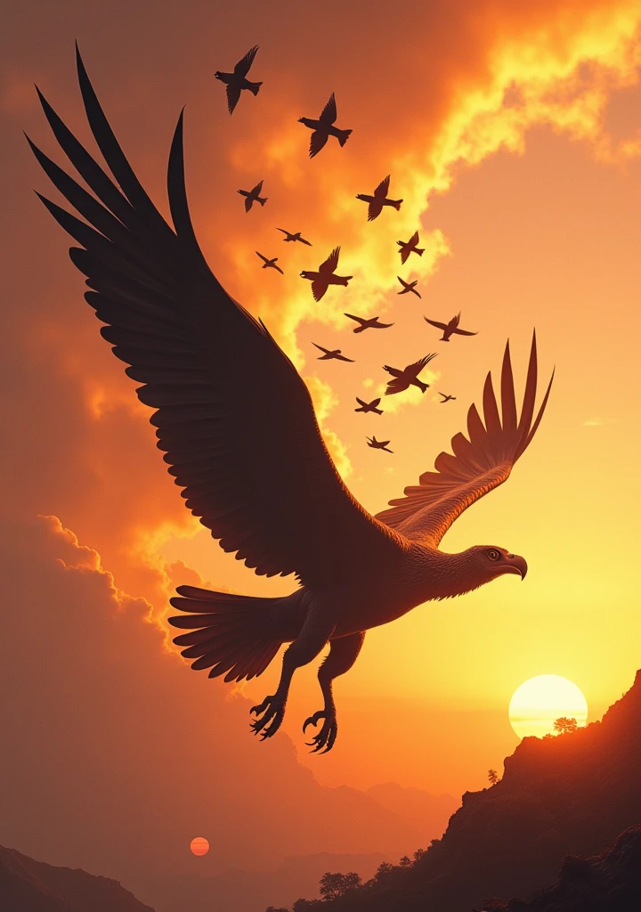 An image depicting the moment of change—smaller birds filling the sky around the Teratornis, symbolizing the new era. The Teratornis is still powerful, but it’s clear that its time is passing. The sky is filled with vibrant colors of a sunset, with the smaller birds flying in a flock, creating a dynamic contrast with the solitary flight of the Teratornis.