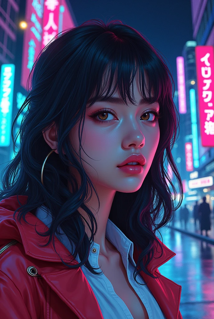 an 80s-themed thriller movie poster combining 'Tales from the Loop' by Simon Stålenhag and comic book illustration art. Create girl inspired in nayeon of twice