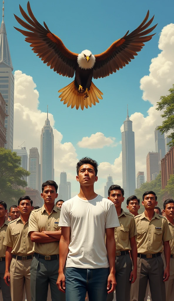 painting of Indonesian independence with the Garuda letter and heroes and the capital city of the archipelago, asian man, handsome face, thin and the shortest in height compared to the otherswith, wearing white t-shirt and jeans, with the other look at the sky, the eagle flapped its beautiful wings, flying above them, facing to camera, hyperrealistic, detailed, 8K UHD Image