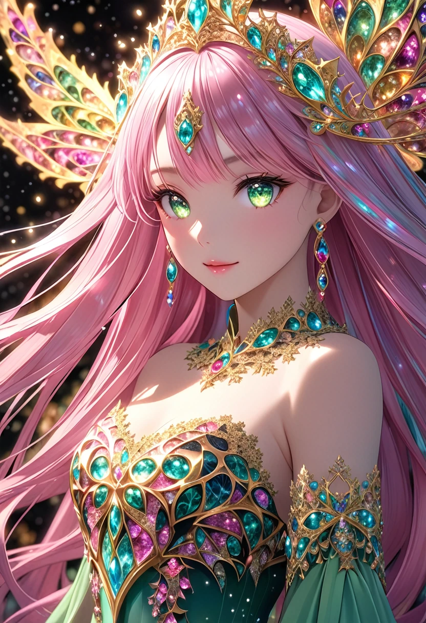 (masterpiece、Highest quality、Highest quality、Official Art、detailed、Beautiful and aesthetic:1.2)、(One Girl)、(Fractal Art:2.0)、Very long straight hair、Pink Shiny Crystal Colorful Hair, Yellow-green crystal eyes, Close-up shot, Face shot, Focus on your audience, Fascinating face, Meaningful Expressions, Wearing a dress、coat, Disney Princess Style, And soul, Gorgeous and colorful light details、Floating water droplets, Backlight, Intuitive、sharp、Accurate focus、Instagram Photos、Photo of the Year、Cinema 4D、dramatic、