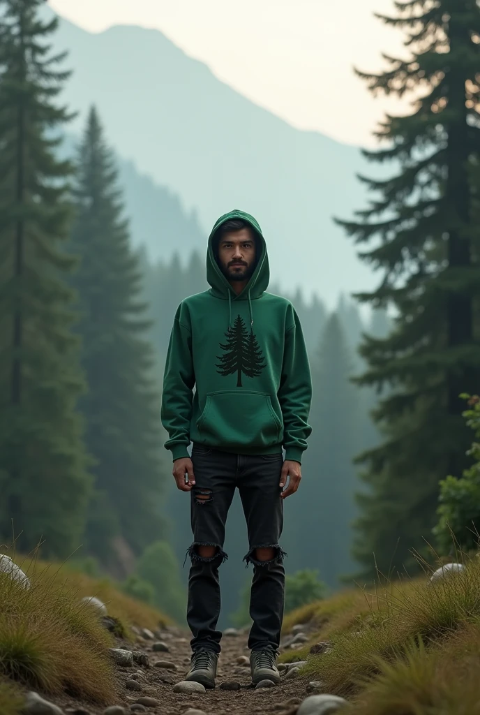 Create an image of an individual standing in the middle of a calm mountain forest landscape in the morning or evening with soft lighting conditions. The individual must face the viewer, wear a green hoodie featuring a pine tree graphic that reflects the surrounding environment, wear ripped black jeans, wear mountain shoes. ((full body))