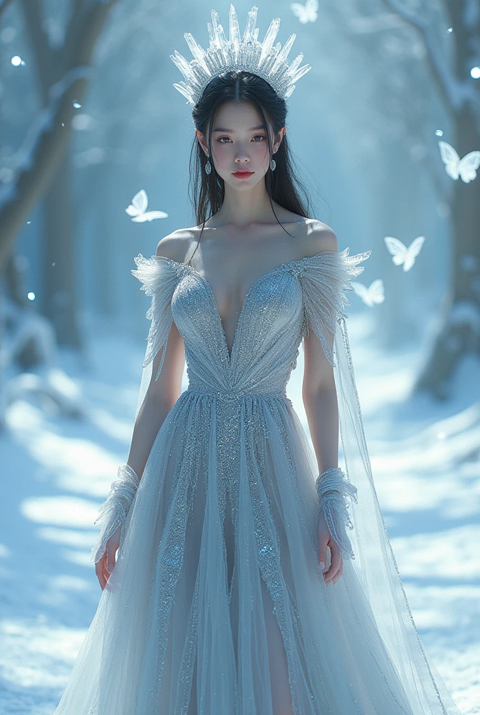 Jennie of Blackpink,she wearing Long silver glittering dress , big breasts,The Ice crown On her head,Background is Ice snakes and Ice butterflies flying