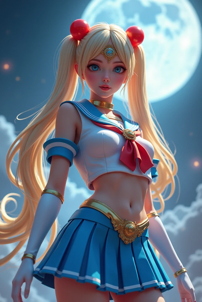 NSFW,table top、full:1.3、stand、8k、。.3d、realistic、super micro photography、highest quality、Wallpapers with extreme details CG Unity 8k、from below、intricate details、(1 female)、2、(sailor moon:1.6 Super Bishoujo Senshi sailor moon Mer1、Meisha Onfu,Land、sailor warrior uniform Sailor:1.5、sailor moon:1.5,Eternal sailor moon)、(Incredibly long and bright blonde twintails:1.4、thin and very long straight twin tail blonde, bun hair、Red round hair ornament for hair bun)、((sailor warrior uniform、blue color,blue sailor collar,blue pregate mini skirt:1.5、Glossy blue pleated mini skirt:1.3、very large red ribbon on the chest,,,,,、white long latex gloves,red gloves on the elbows、A gorgeous golden tiara on the forehead、Ear Nipple Ring,luxury golden jewelry))、Extremely thin and fitted high gloss white holographic leather、High-gloss white latex high-leg swimsuit that shines like oil,(facial details:1.5、bright blue eyes、Beautifull expression、beautidfull eyes、iris outline, shining eyes、thin lips:1.5、thin and sharp pale eyebrows,、long and thick eyelashes、double eyelashes、thin, thin and muscular,,,、small face、tall and big breasts、perfect proportions、big breasts thin waist、sexy model posing、dynamic pose,Visible pores、enchanting smile、perfect hands:1.5、octane rendering、very dramatic picture、(The divinity of the moon,space background、moonlight rays、moon、dynamic background、exquisite light and shadow、dynamic angle、detailed background),strong natural light、sunlight、Digital single-lens reflex camera、sharp focus: 1.0、maximum clarity and sharpness