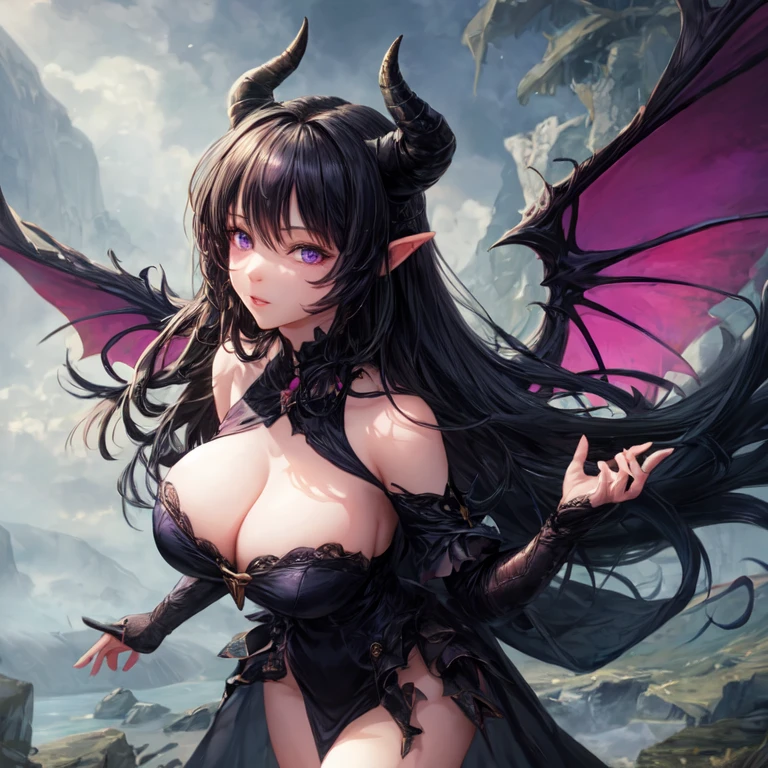 Beautiful demon in human form with black horns and black hair with purple eyes and richly dressed with big breasts masterpiece high details UHD super detail accurate best quality