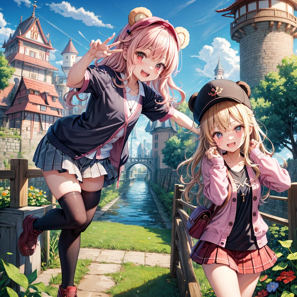 Pink Blonde、Red eyes、Wavy Hair、Hair tied up、Two cute、Checked mini skirt、black t-shirts、cardigan、Knee-high socks、bear ears baseball cap、Teeth are visible、Monster Castle、Tilting face、crossing the bridge、hazakura、windmill、grass、Stones are growing out of the ground.、A teddy bear is walking、Morning glory is blooming.、In front of the city gates、clock、Underground tunnels、Waterway、Small boat