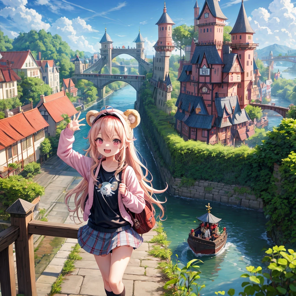 Pink Blonde、Red eyes、Wavy Hair、Hair tied up、Two cute、Checked mini skirt、black t-shirts、cardigan、Knee-high socks、bear ears baseball cap、Teeth are visible、Monster Castle、Tilting face、crossing the bridge、hazakura、windmill、grass、Stones are growing out of the ground.、A teddy bear is walking、Morning glory is blooming.、In front of the city gates、clock、Underground tunnels、Waterway、Small boat