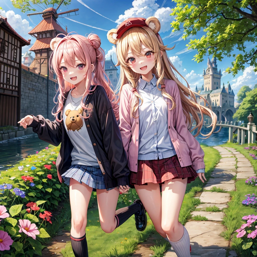 Pink Blonde、Red eyes、Wavy Hair、Hair tied up、Two cute、Checked mini skirt、black t-shirts、cardigan、Knee-high socks、bear ears baseball cap、Teeth are visible、Monster Castle、Tilting face、crossing the bridge、hazakura、windmill、grass、Stones are growing out of the ground.、A teddy bear is walking、Morning glory is blooming.、In front of the city gates、clock、Underground tunnels、Waterway、Small boat