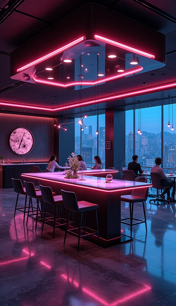 design me a light cafe. with a luxurious design style with a futuristic and mysterious color