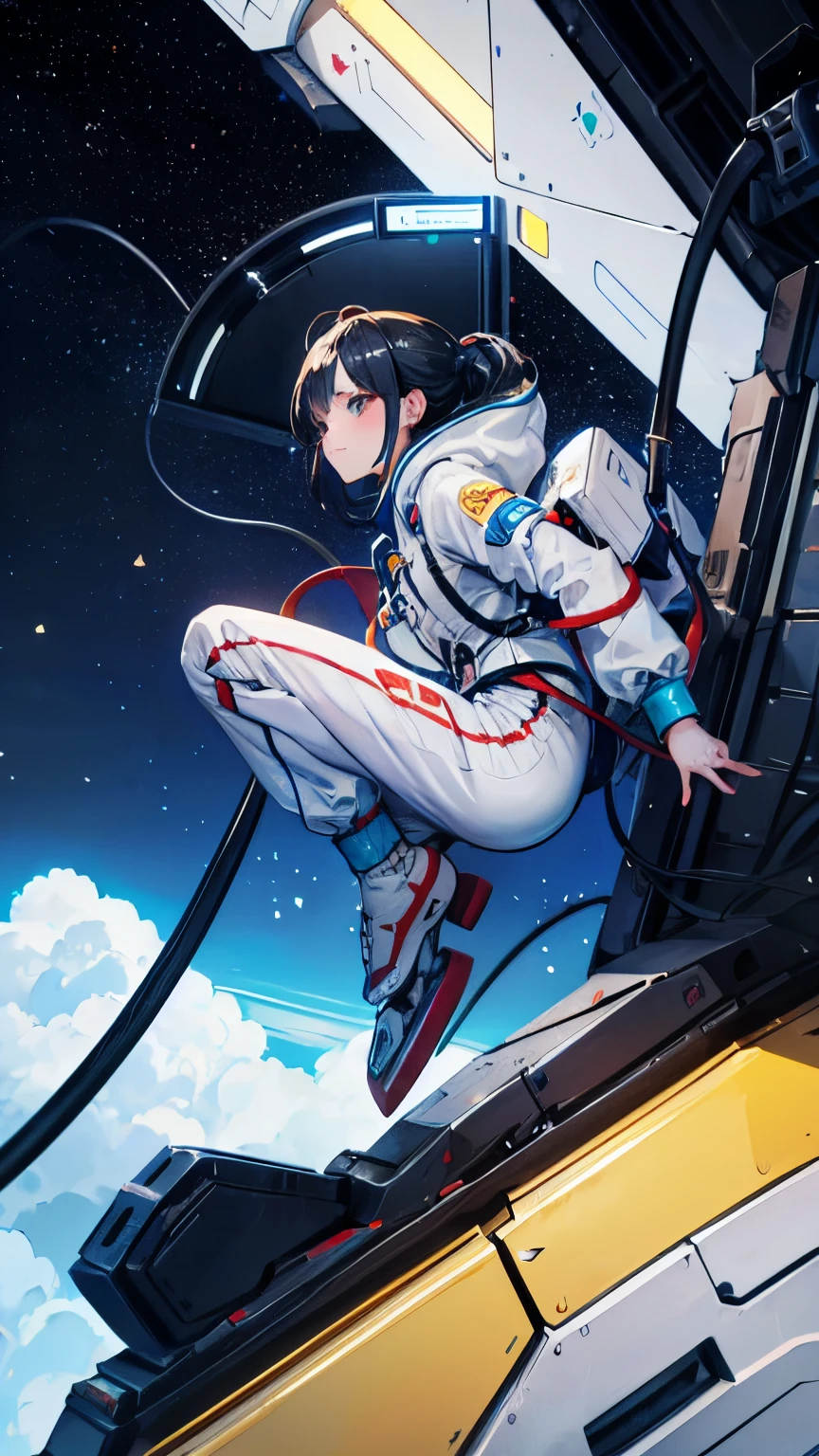 (((masterpiece))), (((Highest quality))), ((Very detailed)), (Highly detailed CG illustrations), ((Very delicate and beautiful)),(From the side),Cinematic Light,A girl climbs into the cockpit、Black Hair、long、Boarding a small spaceship，In the cockpit，Starry Sky, Big Clouds,colored glaze,Golden Universe，Space Station、Preparing for takeoff、Spacesuit、Aiming for Andromeda、Toa Heavy Industries decals、Lonely smile，A cable connects the body to a small spacecraft、Close the hatch，Complex Instrumentation