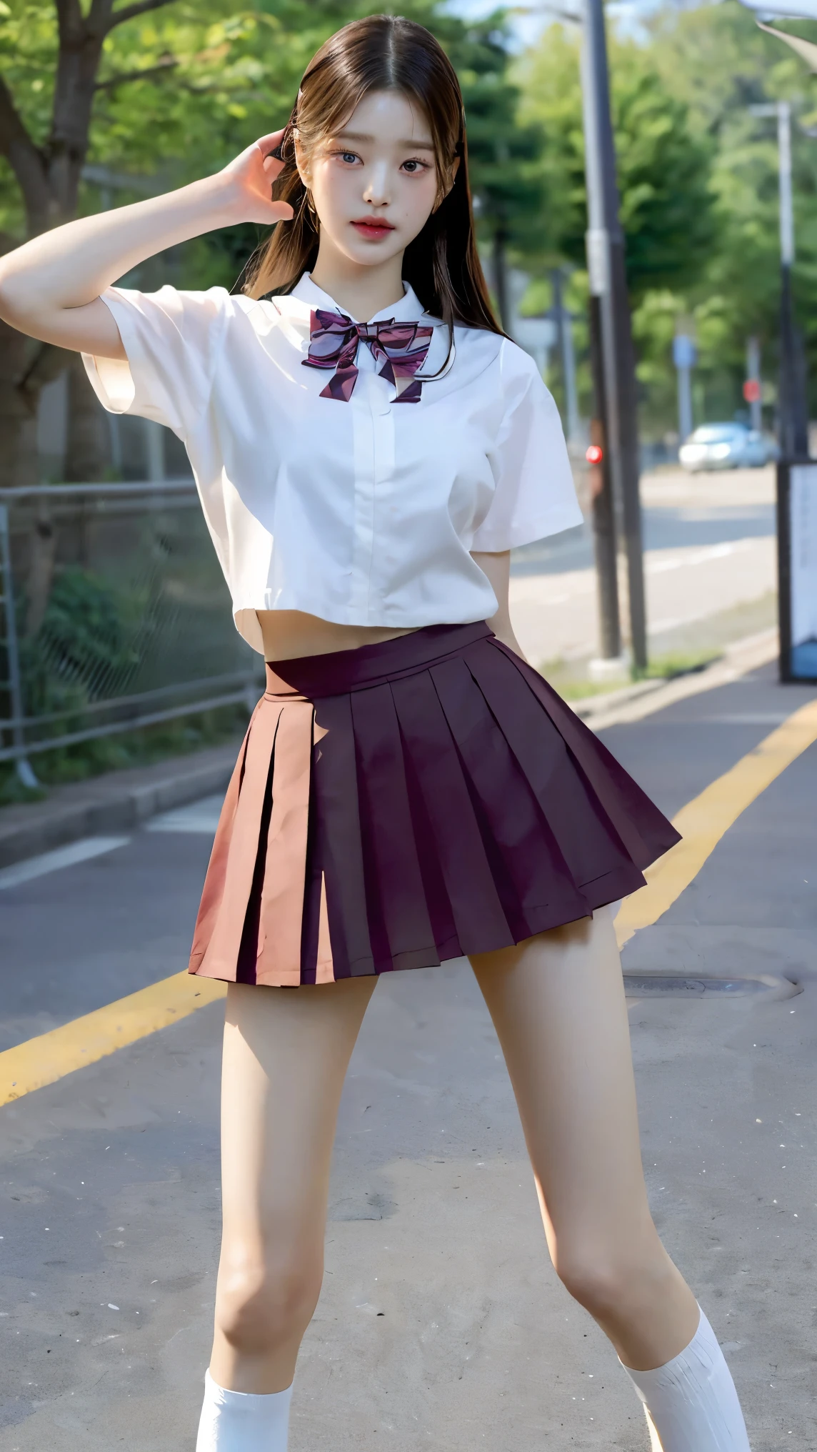 Absurd, RAW Photos, Very delicate and beautiful, masterpiece, Highest quality, Ultra-high resolution, 16K, hyperRealistic, Realistic, photoRealistic, photo-Realistic, Very detailed, Perfect Anatomy, Very detailed肌, Perfect figure, Very detailed CG 8k 壁紙,Erect nipples, perfect nipples, Perfect breasts, Round Breasts, Small Head, Perfect Fingers, (((whole bodyショット:1.8))),(((whole body :1.7))), Extremely white skin, Are standing,Stand with your legs aligned,Stand with your back straight,whole bodyを此方に向ける, Medium chest, blush, the wind is strong,(Long legs),(Thin legs), Sexy Legs, on the road, Fluffy hair, bangs, (2 people :1.5), Small Ass,long and thin arms,Long legs, Medium chest, Messy Hair,Put your hands down, Put your hands in your pockets, Put your hands down, Sexy pose,Tight waist, friend, Nude girlfriend, smile, Happy, medium Round Breasts, Sexy pose, walking on the road, Laughter, Three people, ((Keep your spine straight)),((Stand with your legs aligned)),((体whole bodyを此方に向ける)),((Japanese high school girls wearing uniforms)),((Checkered high school uniform with tiny mini skirt)),((High school uniform summer short-sleeved white shirt)), ((Red bow tie)),((Black Loafers)),School boots, Black Hair, Narrow waist,(((Very short white socks that reach to the ankles))),((Height 173cm:1.3)),Slim model body shape,(Slim and muscular athletics body type:1.3),(Slim yet muscular legs),((Thin thighs)),((long thighs)),(((Clothes that expose a lot of bare skin:1.3))),((Sexy bare legs:1.3)),((He looks just like WONYOUNG from the Korean idol group IVE.:1.8)),18-year-old girl,((Long legs)),((Anatomically correct:1.3))