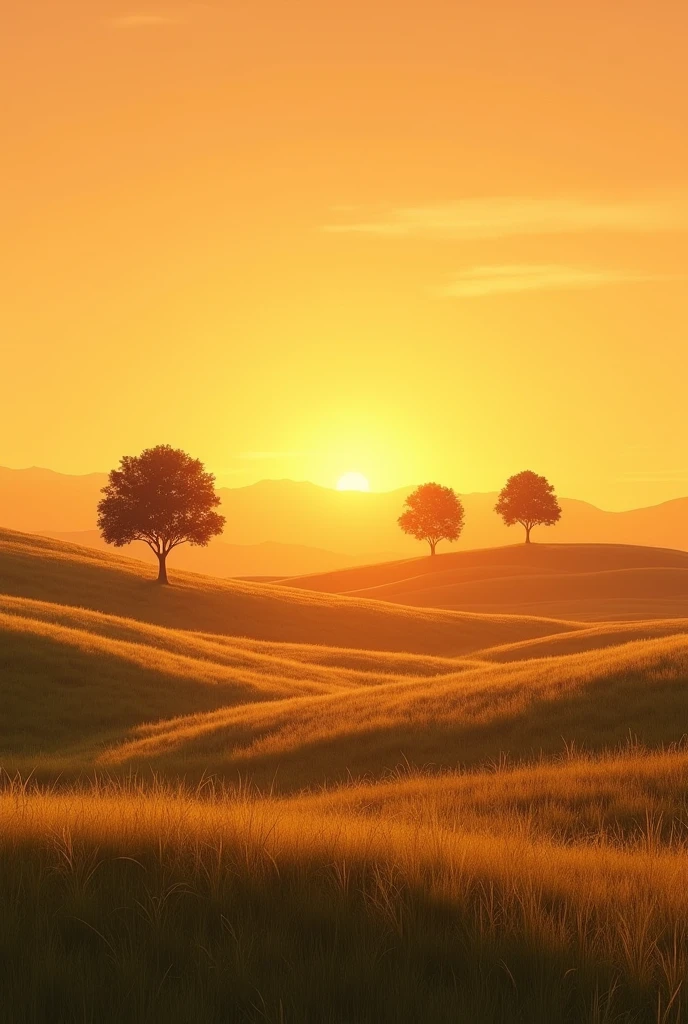 A meadow in an orange sunlight with small hills soft with 3 trees in the background far away more flat and further into the distance kilometers wide view without sun in the background only warm light the grass not so bright rather yellowish drying out nevertheless fresh making the picture wider
