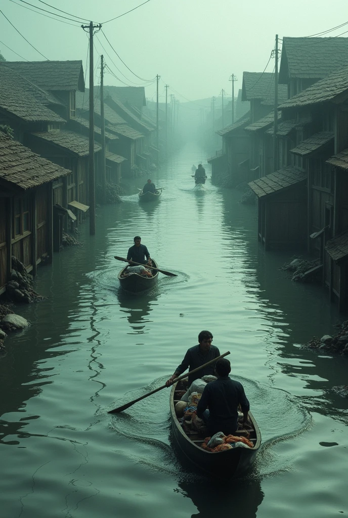 Floodwaters have submerged entire villages and some people are going by boat above the water