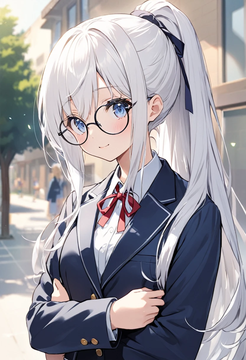 cute、Appearance(Long Hair、Pure white hair、Ponytail,Round Glasses)clothing(High School Uniform,blazer)