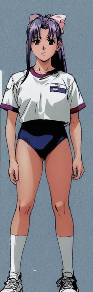 Momoko Koigakubo, a tall girl with beautiful legs, stands in a white gym uniform and light navy blue bloomers that look like panties.。high resolution。