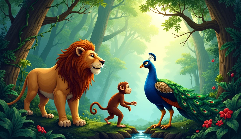 Illustration of a lion, a monkey, a peacock,
working in a jungle with their unique ability