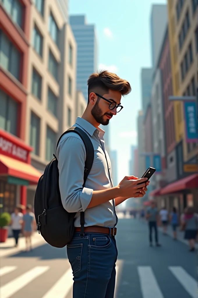Standing on the side of the street with glasses in his eyes, I phone in his hand, and his shirt on