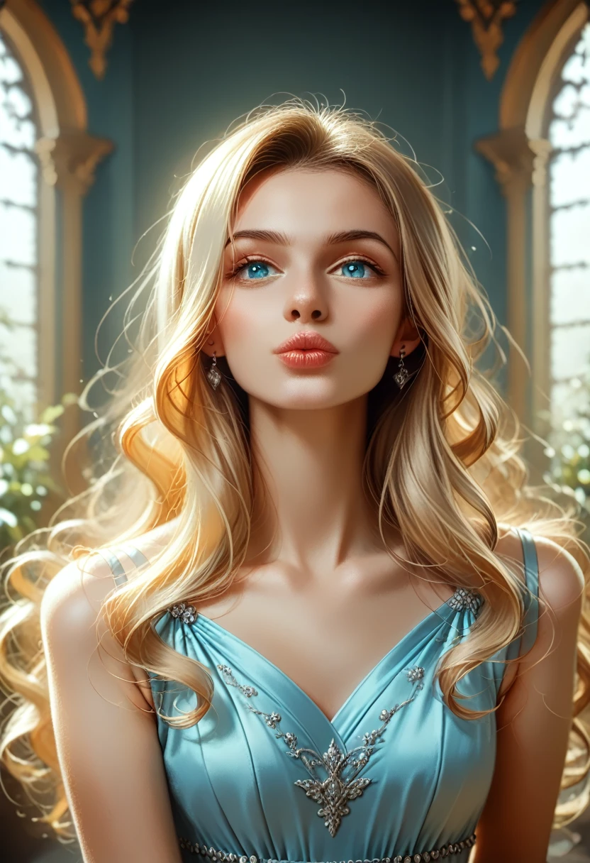 masterpiece, highest quality, ultra detail, illustration, beautiful detail, depth of field, dynamic angle, 8k wallpaper, portrait, best light and shadow quality, 4k, 8k, cg, fine detail, blurred background, upper body, contemporary, dress, blonde, long hair, beautiful eyes, beautiful splash