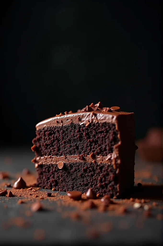 cinematic film still chocolate, chocolate cake, dark background, quality photo, moist texture, frosting, studio photo, slice . shallow depth of field, vignette, highly detailed, high budget, bokeh, cinemascope, moody, epic, gorgeous, film grain, grainy