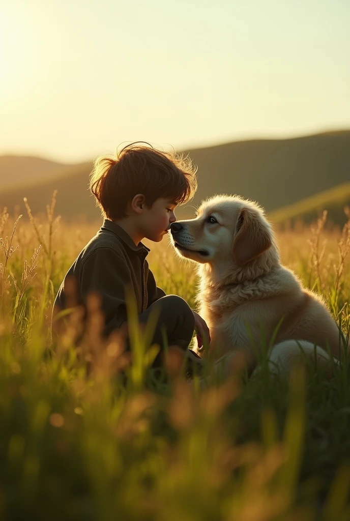 Photorealistic Image of a Lonely Boy and Dog in Sunny Field, Golden Hour Lighting, Soft Focus, High Resolution (4K), 50mm Lens, Close-Up Shot, Natural Lighting.