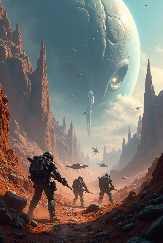 Realistic backdrop, navy blue, orange, adventure, space war, alien land.