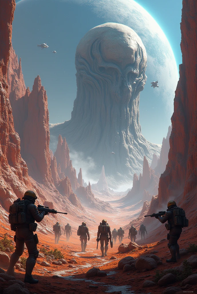 Realistic backdrop, navy blue, orange, adventure, space war, alien land.