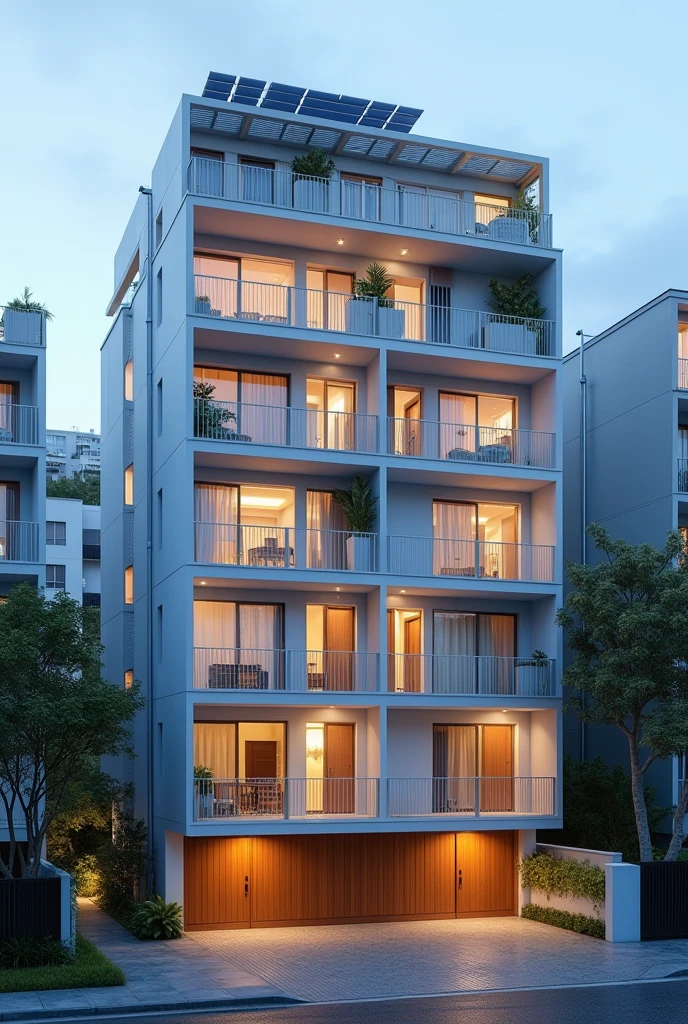 Make a sketch of a modern house with many doors like a boarding house with LED lights, solar panel at the rooftop and rain water induced sytem