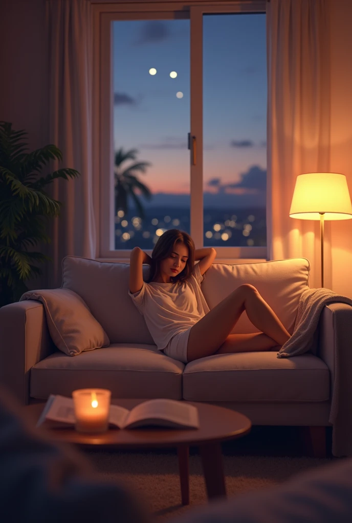 Create an image of a cozy and relaxed Friday evening scene. A young woman is lounging on a comfortable sofa in a softly lit living room, wearing casual loungewear. The room is warm and inviting, with a dimly lit lamp, soft cushions, and a blanket draped over the sofa. A warm drink sits on the coffee table next to an open book, and a window shows a peaceful evening sky outside. The overall mood is calm and serene, capturing the essence of unwinding and enjoying a peaceful evening