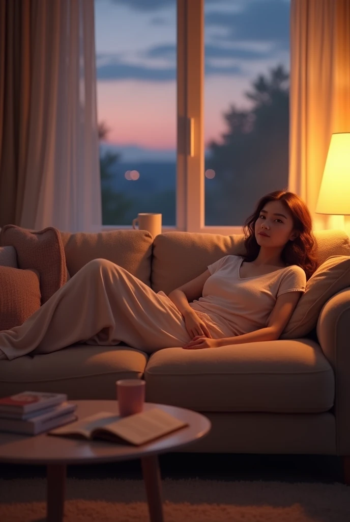 Create an image of a cozy and relaxed Friday evening scene. A young woman is lounging on a comfortable sofa in a softly lit living room, wearing casual loungewear. The room is warm and inviting, with a dimly lit lamp, soft cushions, and a blanket draped over the sofa. A warm drink sits on the coffee table next to an open book, and a window shows a peaceful evening sky outside. The overall mood is calm and serene, capturing the essence of unwinding and enjoying a peaceful evening