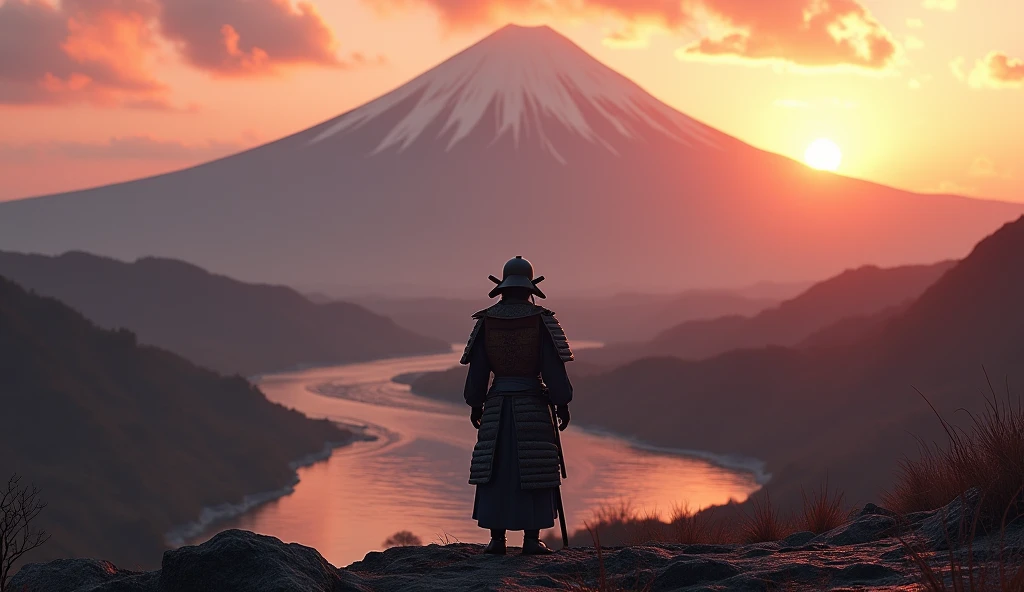 A samurai standing in front of Mount Fiji facing the mountain back view to camera, sunset, their is a river below, octane render