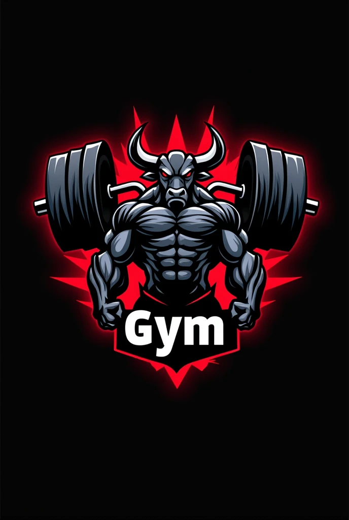 Design a powerful and dynamic logo for a gym brand featuring a strong, muscular bull as the central figure, symbolizing strength, power, and determination. The bull should have well-defined muscles, with a stance that conveys energy and dominance, embodying the essence of fitness and strength training. Add a barbell loaded with heavy weights as part of the design to reinforce the gym and strength theme. Use sharp, angular lines to emphasize the bull's muscular build and add a sense of intensity. Incorporate bold, dark tones like black, deep red, or metallic gray to create a fierce and commanding presence. The logo should include the word 'GYM' in a bold, modern font that complements the aggressive and energetic vibe of the design